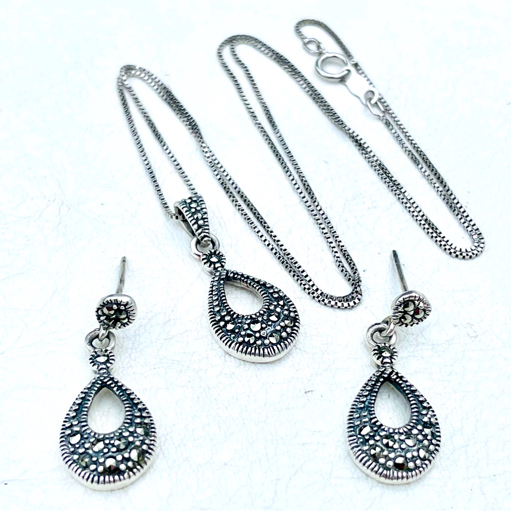 Signed Matching Sterling Silver Marcasite Jewelry Set